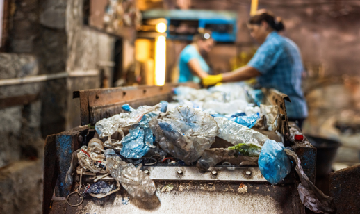 Plastic Garbage Conveyor Belt Waste Recycling Factory Workers Background